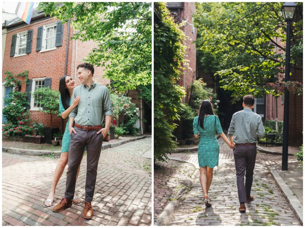 The couple explores the Rittenhouse Square neighborhood in engagement photos in Philadelphia