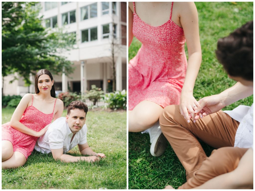 The couple sits in the grass at the park engagement photos in Philadelphia