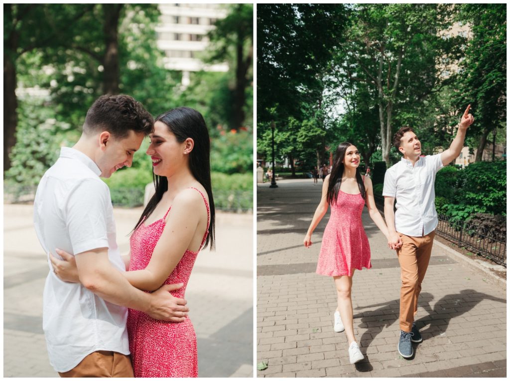 The couple explores Rittenhouse Square Park together during engagement photos in Philadelphia