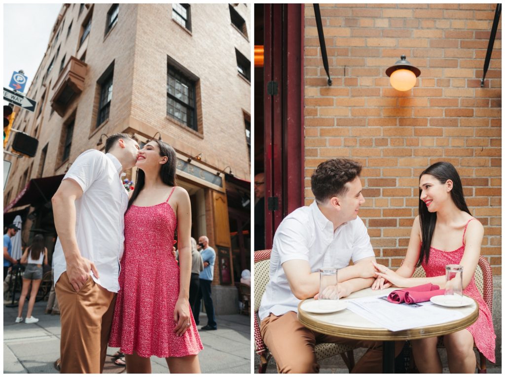 A couple stands outside Parc Restaurant on a street corner in engagement photos in Philadelphia