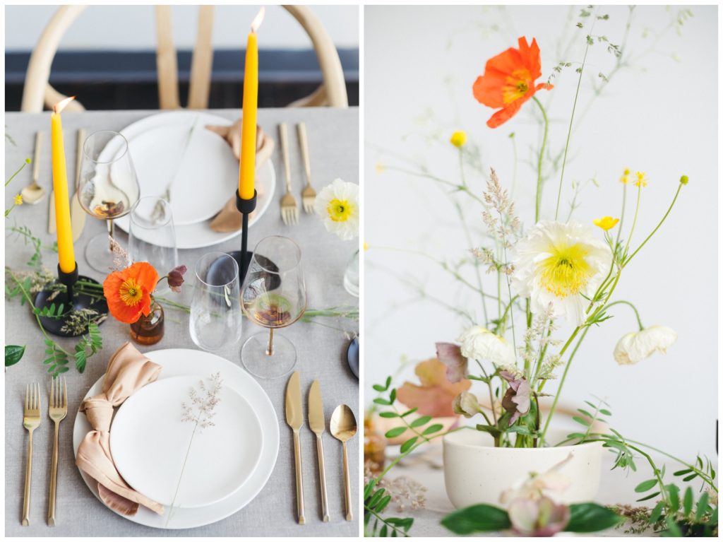 Tablescape with orange wedding flowers
