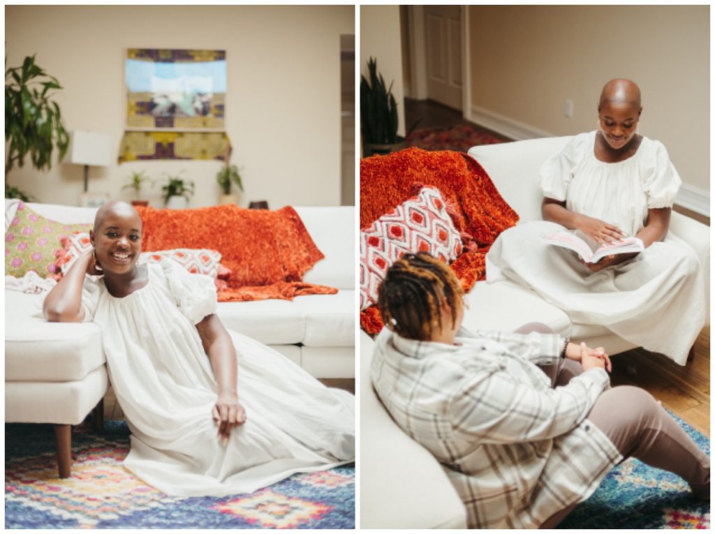 Nonbinary couple sits in living room reading for in home photography