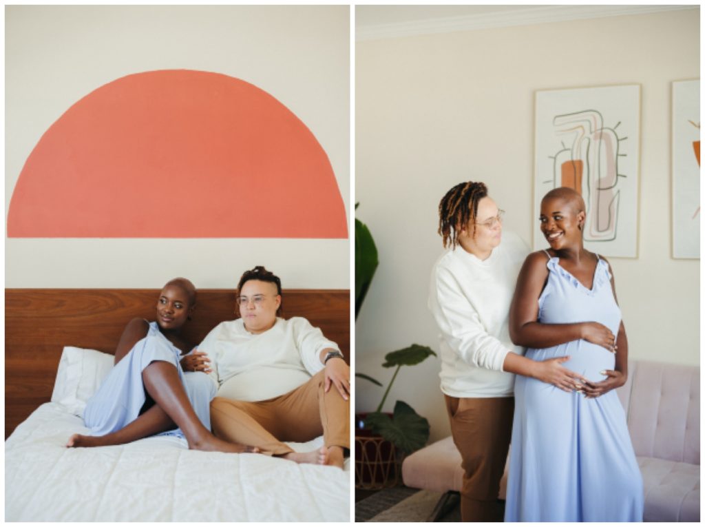 In home photography with nonbinary couple maternity photos