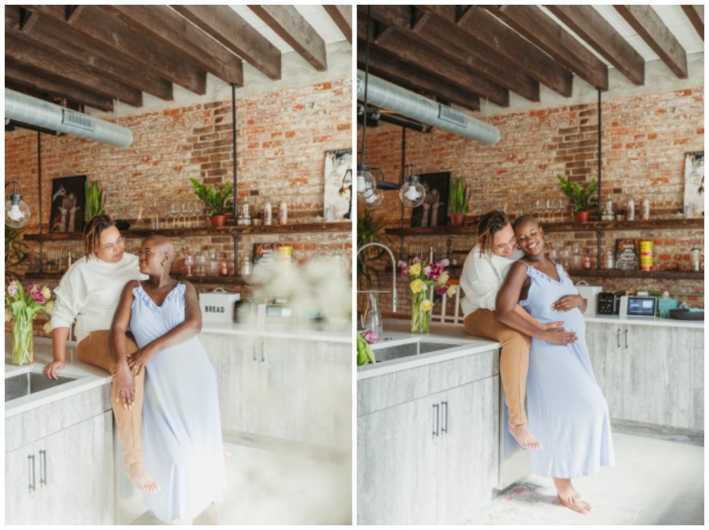 Nonbinary couple poses in kitchen during in home photography