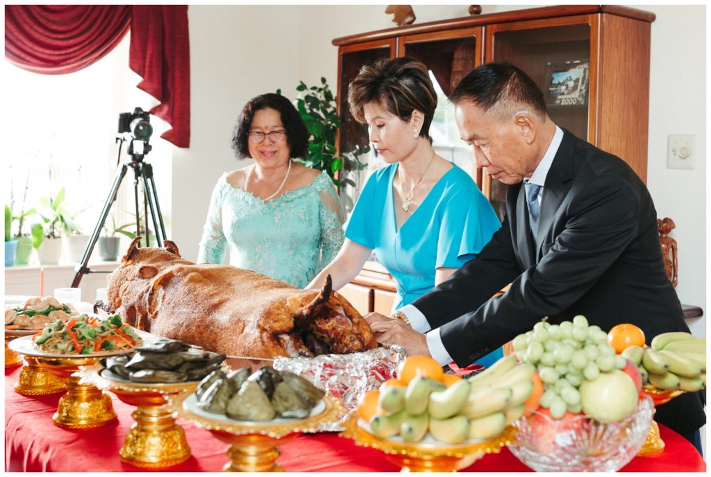 Relatives prepare the wedding meal