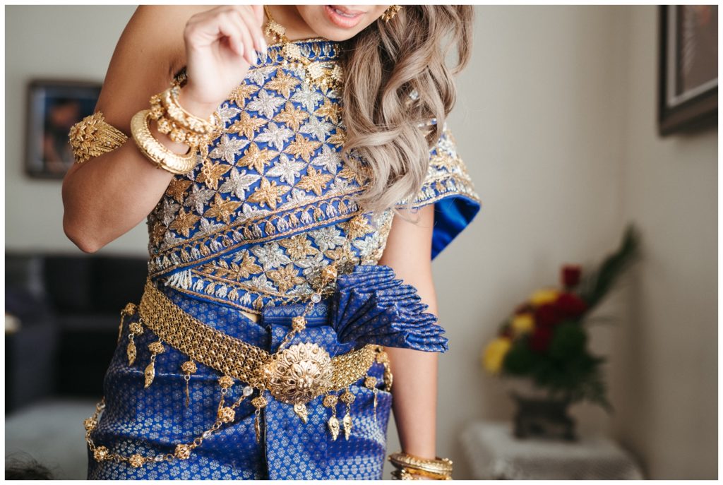 A close up of Nina's blue Cambodian outfit for her micro wedding
