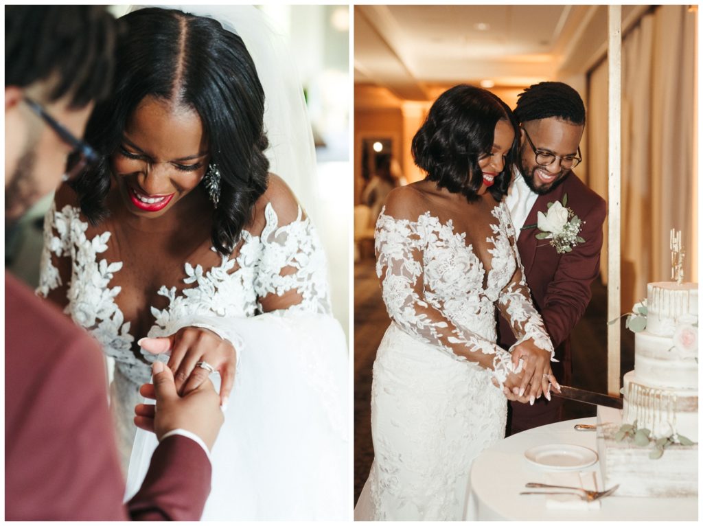 The couple cuts the cake in wedding photography in philadelphia