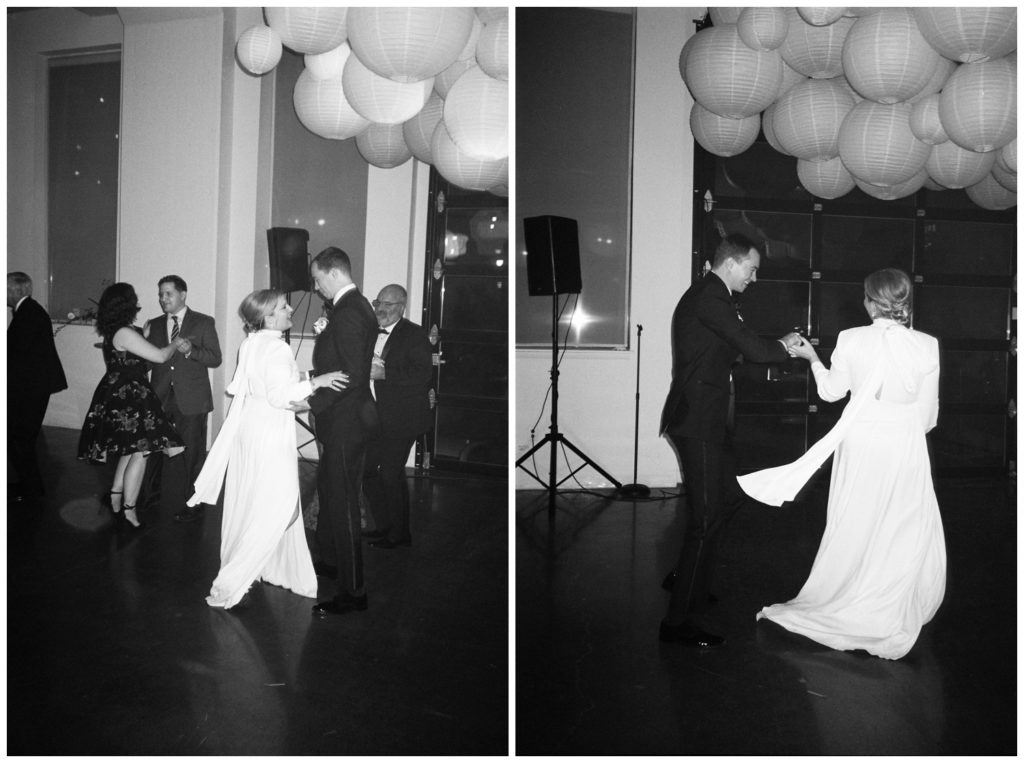 The first dance at a nontraditional wedding under balloons