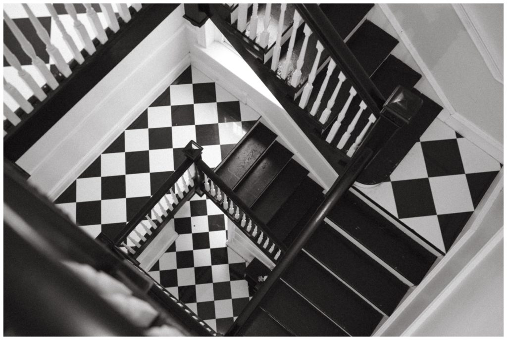 A black and white staircase at a Philadelphia micro wedding venue