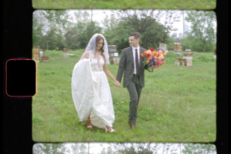 Bride and groom holding hands as they walk during their Bartram's Garden Wedding Shoot on Super 8 Film, captured by Jason Moody Photography