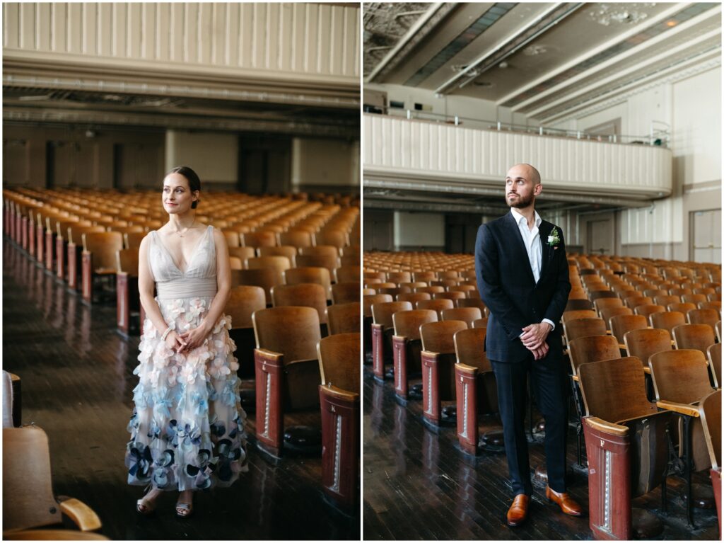 Gillian and Bradie pose for individual wedding portraits in the BOK Building auditorium.
