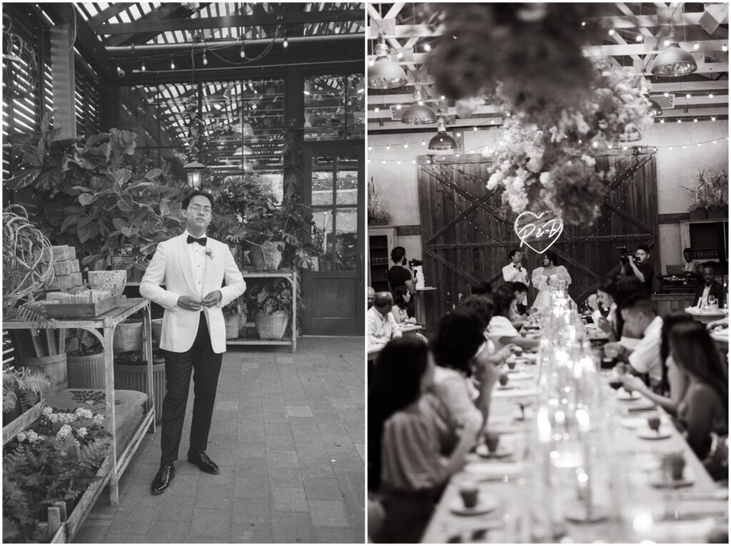 A groom poses for a wedding portrait beside a row of house plants.