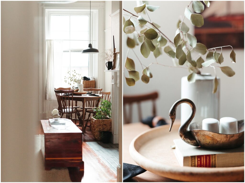 Antiques, including a swan bowl, decorate a sunny room in Vaux Studio.