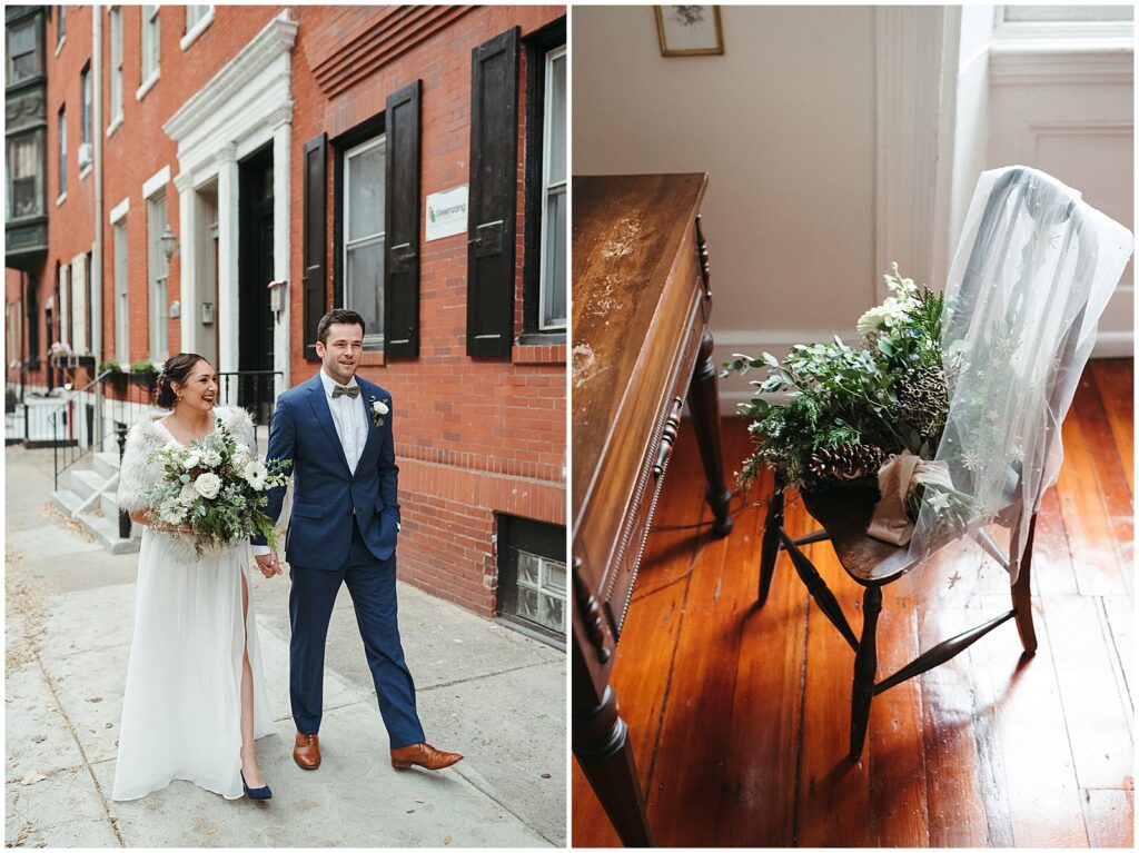 A couple in wedding attire walks towards their Philadelphia elopement in a historic neighborhood.