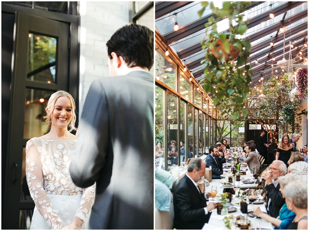 Wedding guests sit at dining tables in a room filled with hanging plants.