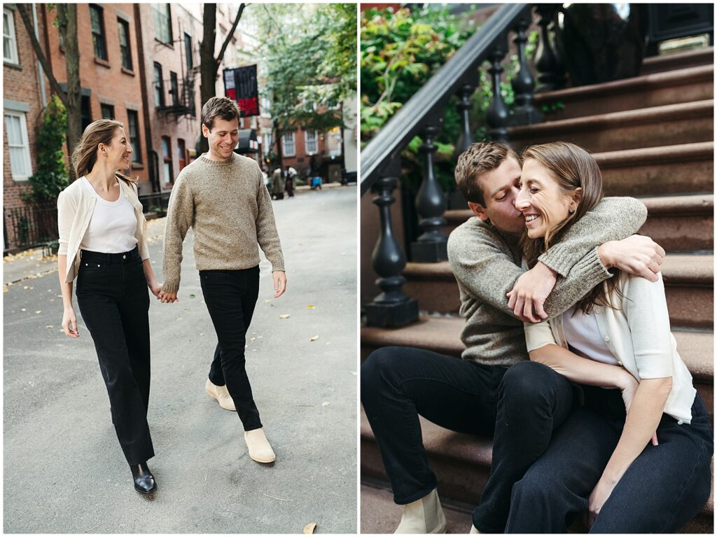 Matt puts his arms around Jess's shoulders on the steps of an apartment building.