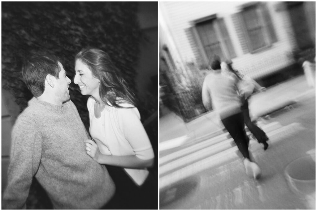Matt and Jess run down a street in a black and white blurry film photo.
