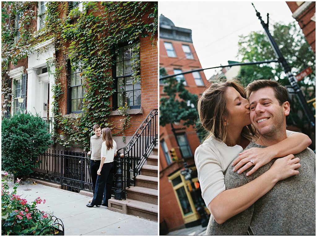 Jess kisses Matt's cheek for a New York City engagement photo.