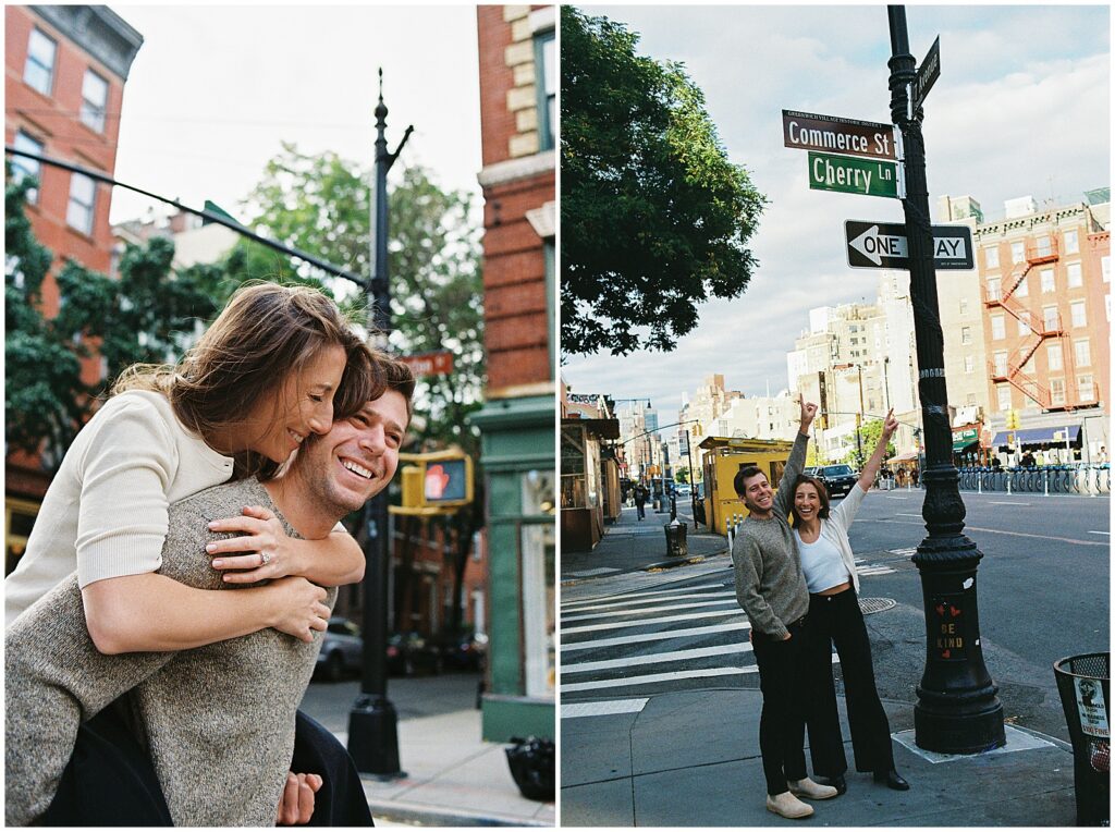 Jess and Matt point at a New York street sign.