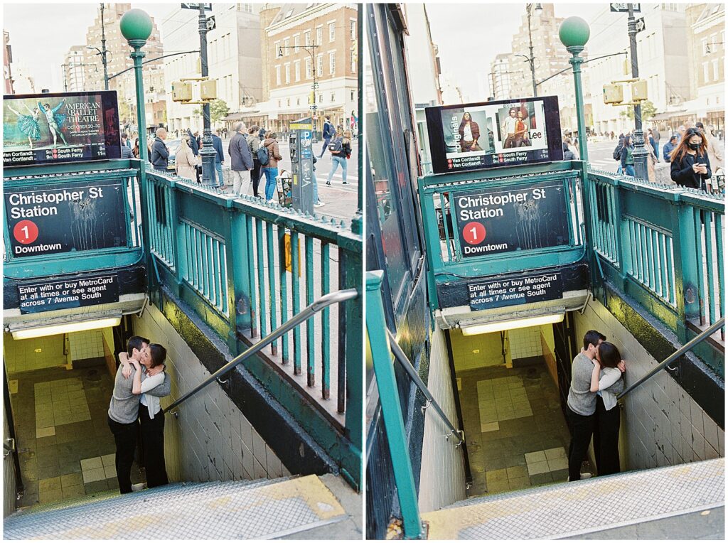 Matt and Jess kiss in the stairwell of the Christopher Street subway station.