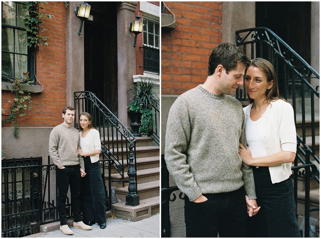 Matt and Jess lean against each other in front of a brick building.