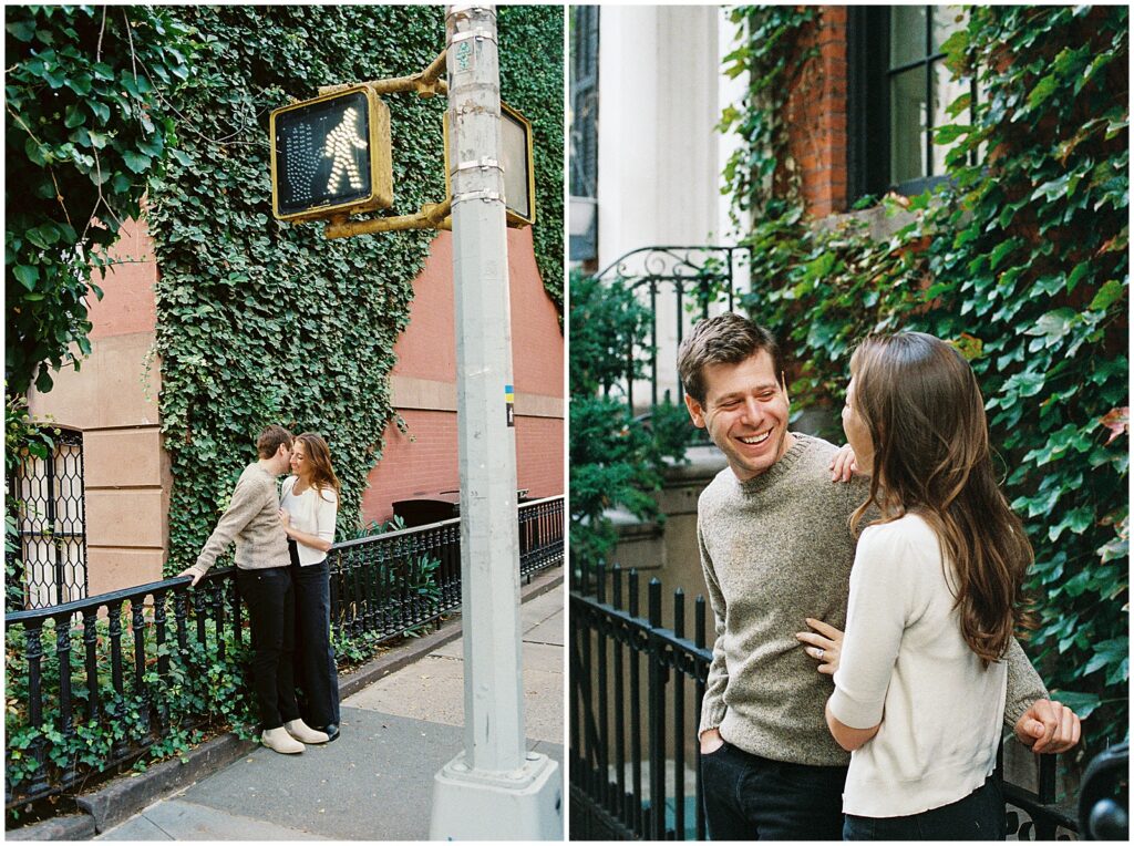 Jess and Matt smile at each other while they talk on a New York sidewalk.