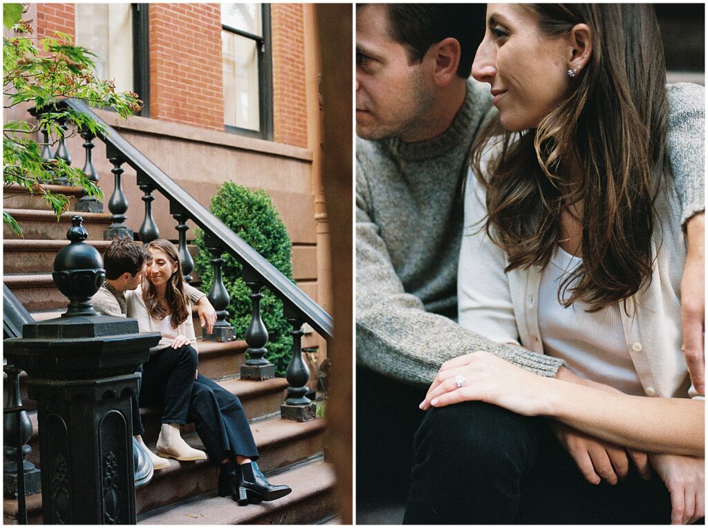 Jess and Matt lean against each other on the steps of a New York apartment building in film engagement photos.