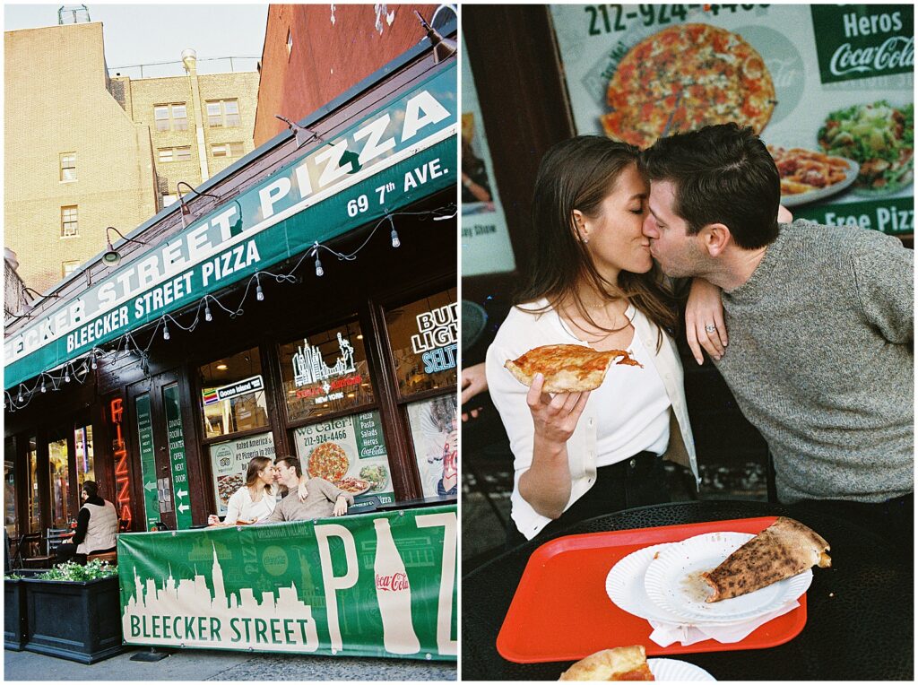 Matt and Jess kiss at the table of a pizza restaurant for their film engagement photos.
