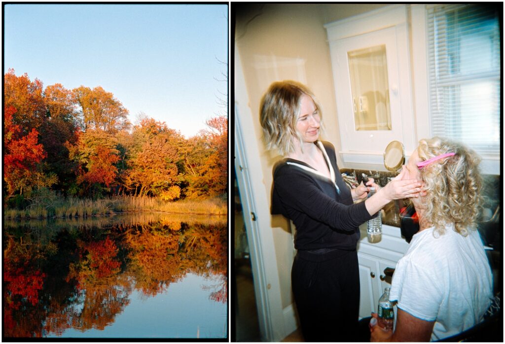 A woman styles a bride's hair for her backyard wedding.