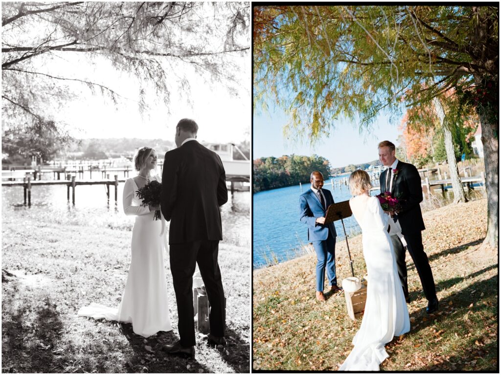A bride and groom exchange vows in a lakeside wedding ceremony.