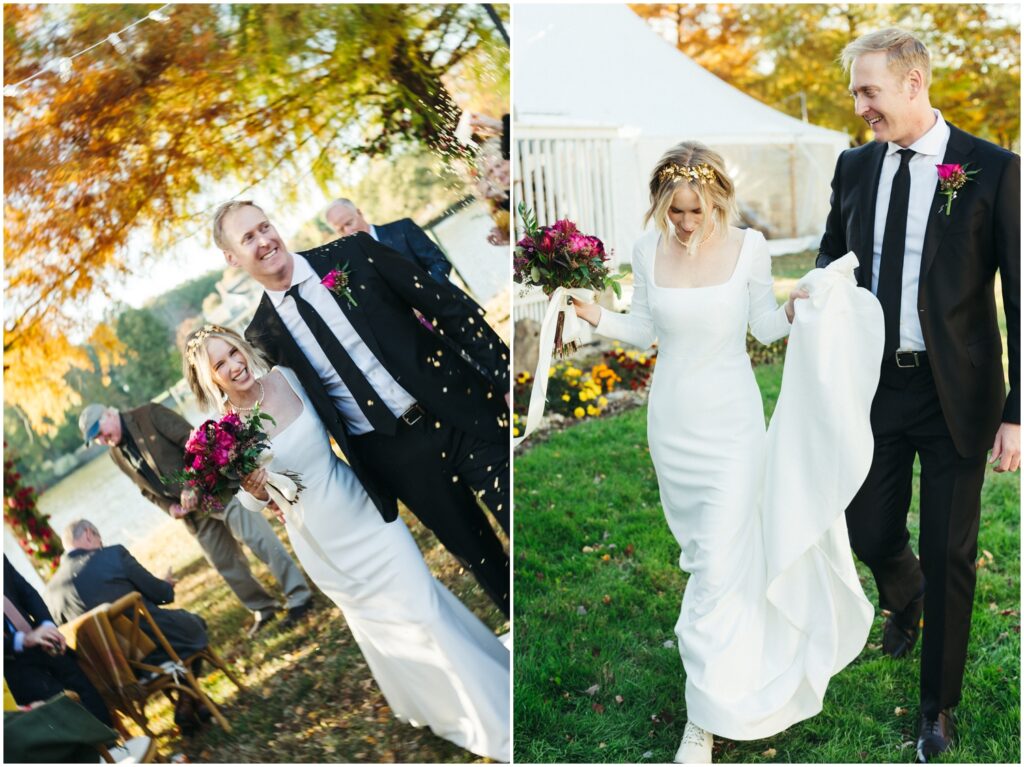 Wedding guests throw flower petals as a bride and groom walk back down the aisle of their backyard wedding.