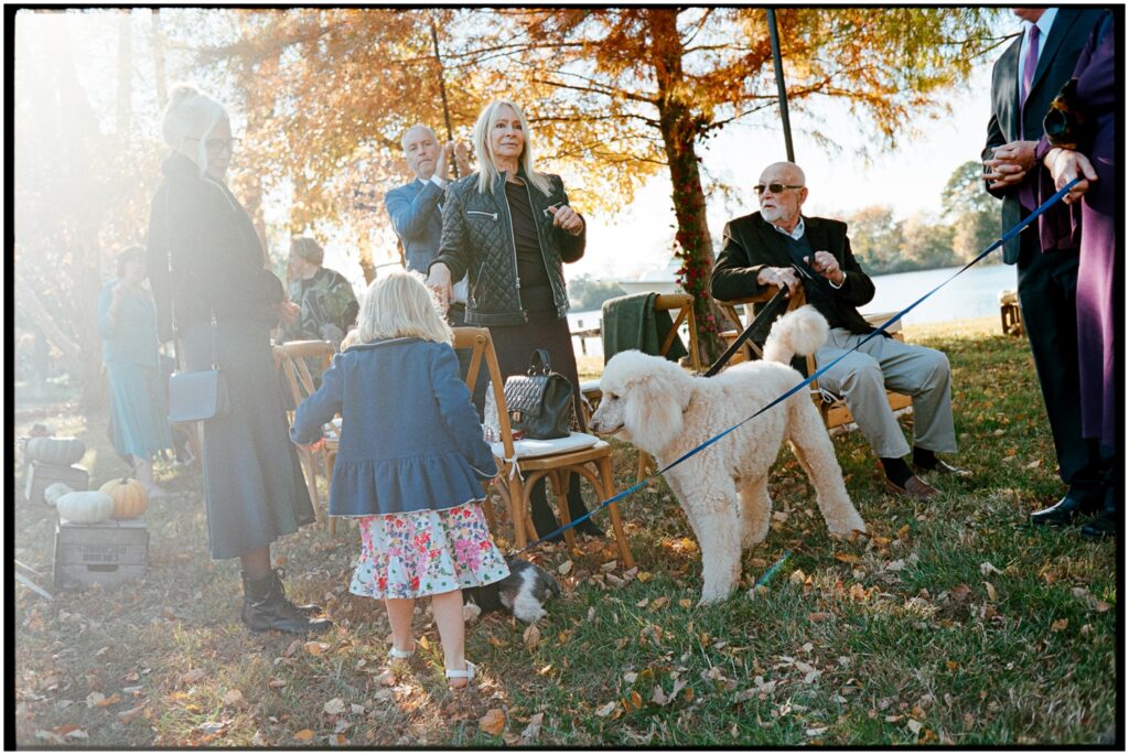A child stands near a dog surrounded by older family members.