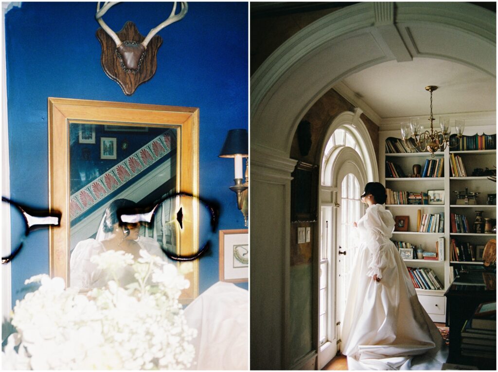 A bride looks out a window at a historic Philadelphia wedding venue.