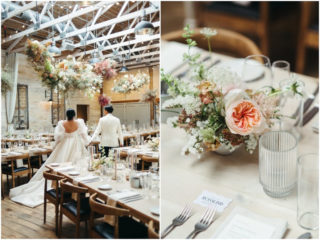 A floral installation hangs over reception tables for a Terrain wedding.