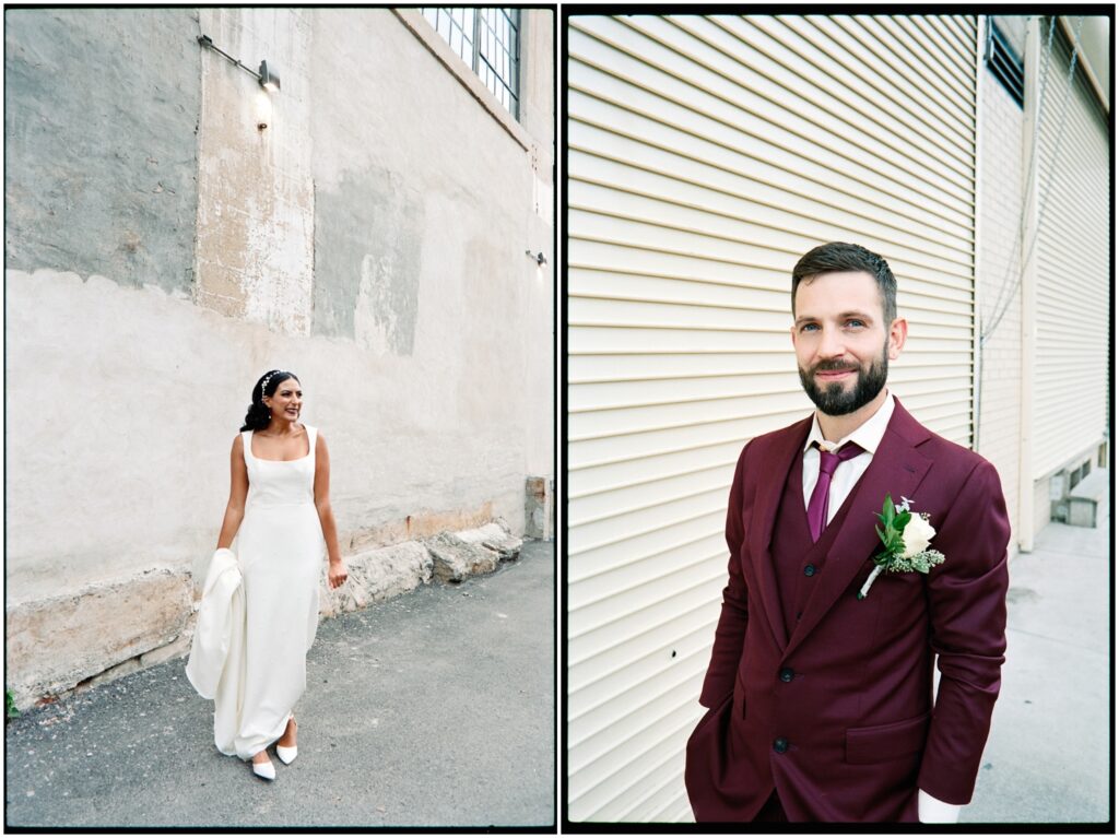 A bride and groom pose for wedding portraits outside a warehouse.