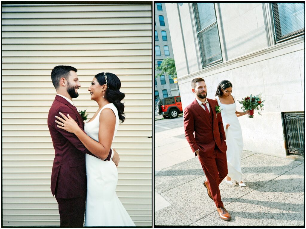 A groom and bride embrace on a Philadelphia street in film wedding photography.