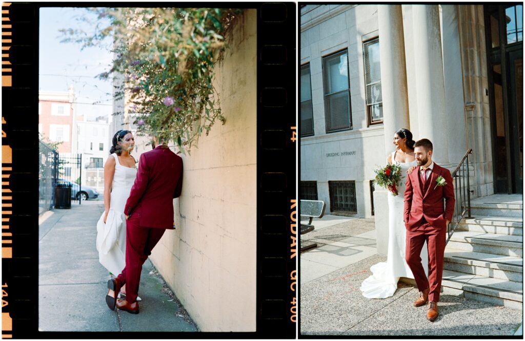 A bride and groom walk down steps of a historic Philadelphia building.