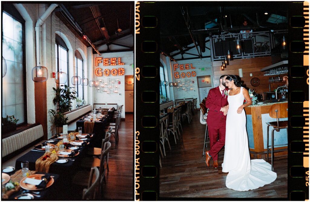 A bride and groom in a red wedding suit pose in a Philadelphia wedding venue.