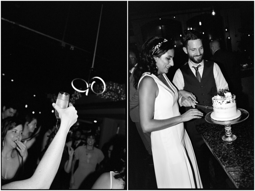 Film wedding photography shows a bride and groom cutting a wedding cake in a Philadelphia wedding venue.