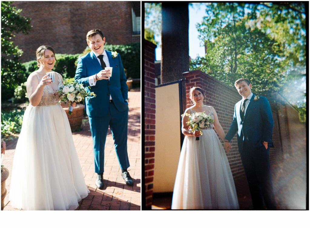 A bride and groom smile at a Philadelphia wedding photographer.