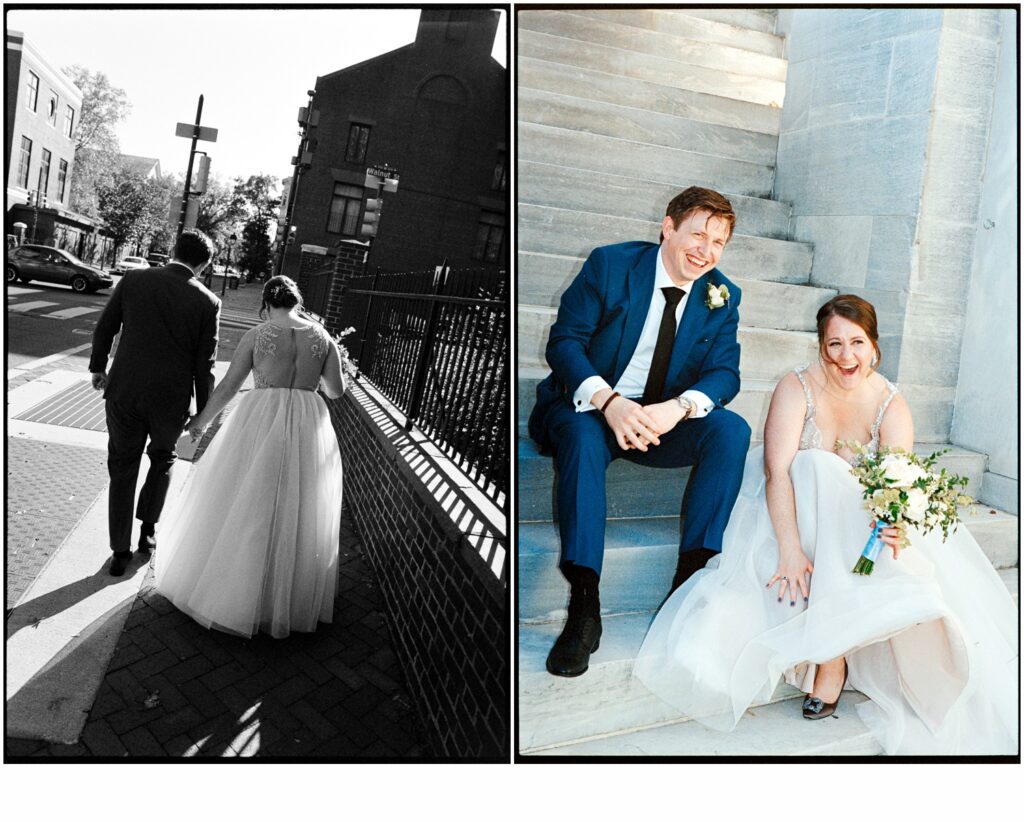 A bride and groom walk down an Old City sidewalk towards their Philadelphia wedding.