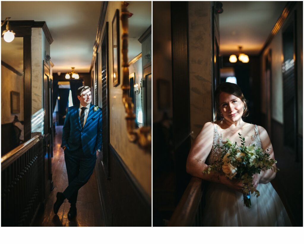 Caitlin and Eric pose for portraits beside a window in their historic wedding venue.
