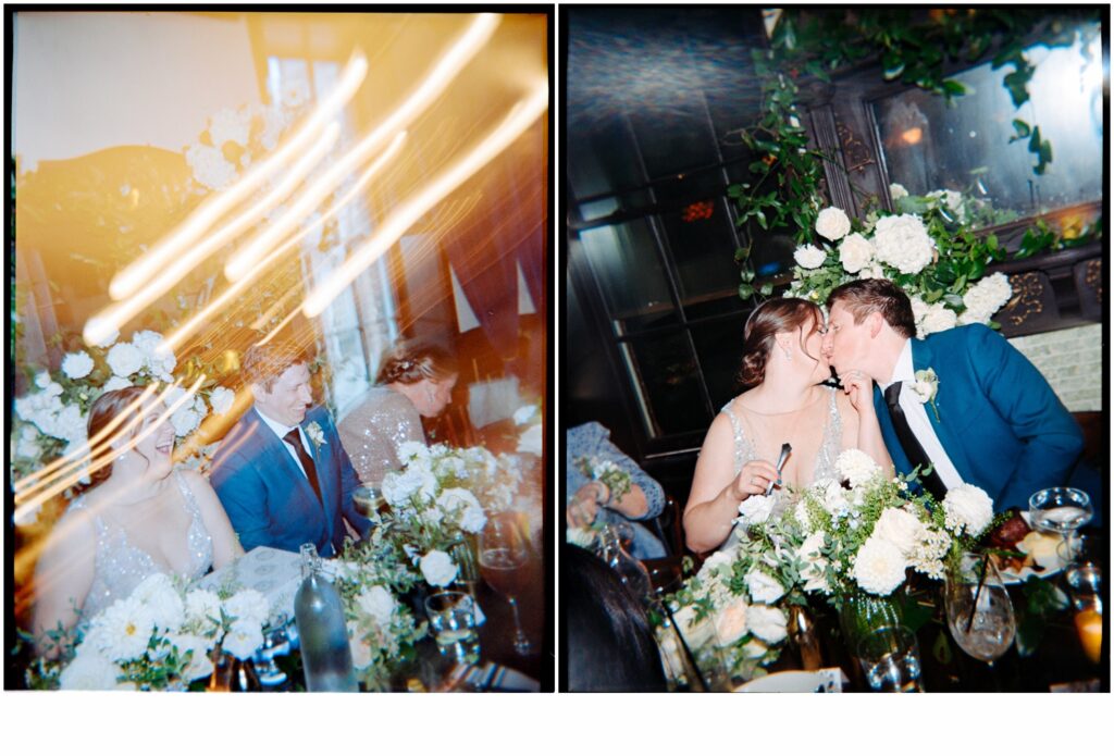 A bride and groom kiss in a film wedding photo at a restaurant wedding venue.