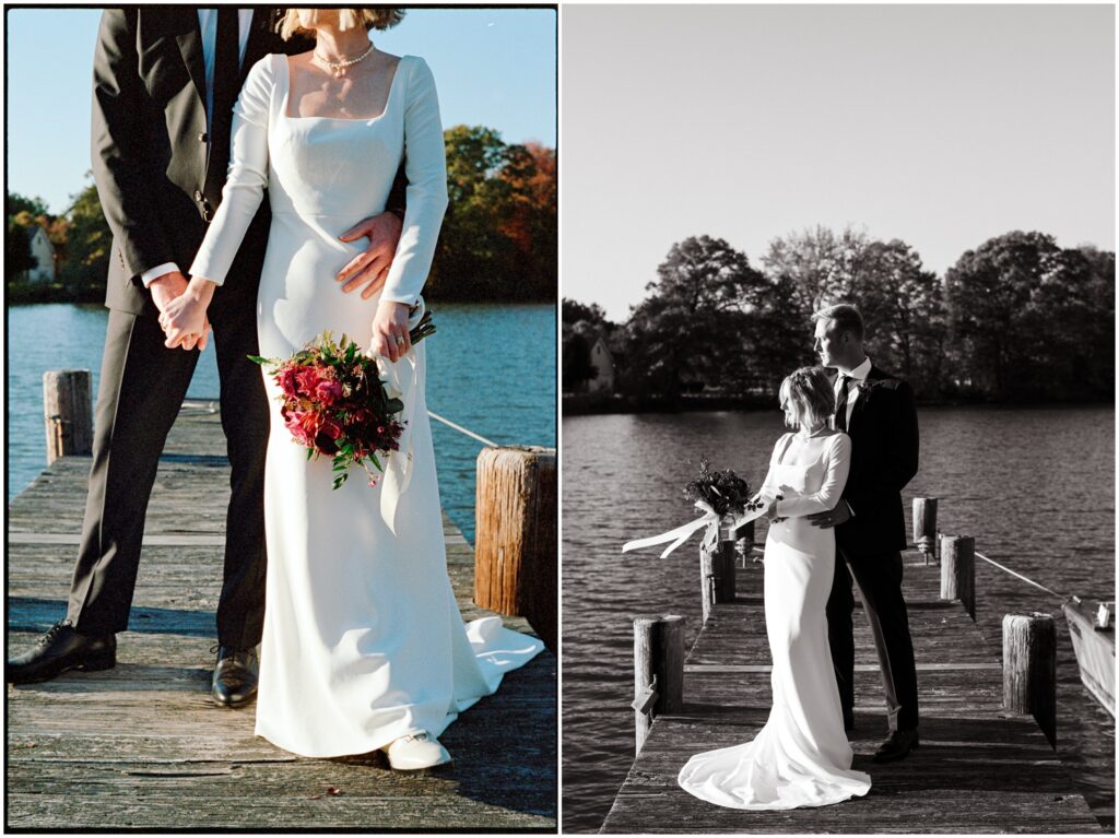 A bride and groom pose on a dock at a lake house wedding.