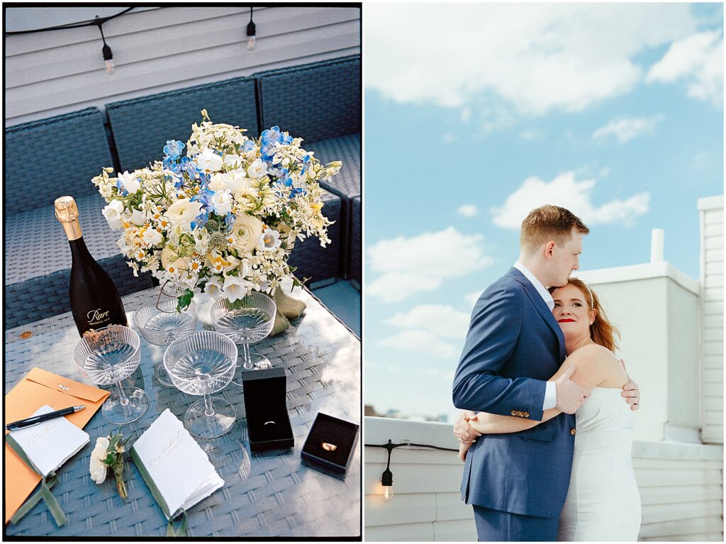 A bridal bouquet sits on a table at a rooftop wedding in Philadelphia.