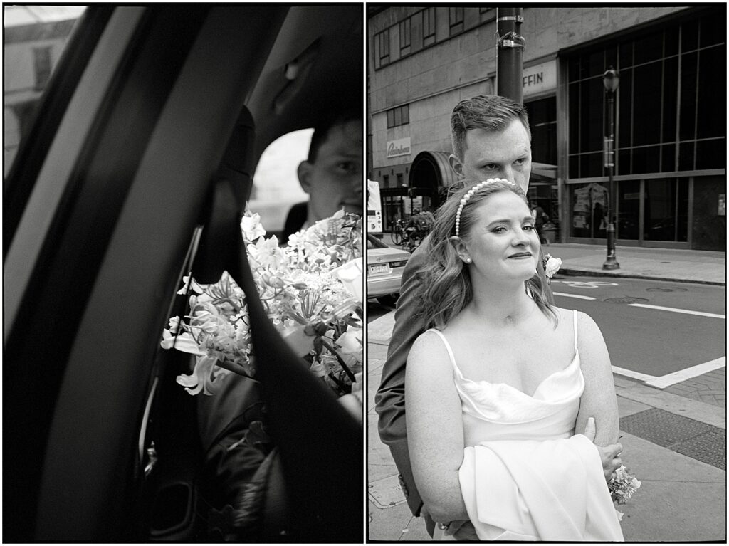 A groom holds a bridal bouquet in the back seat of a taxi in Center City.