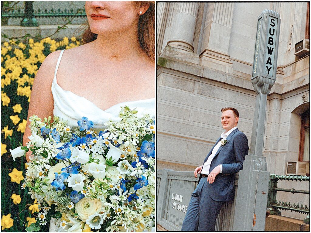 A Philadelphia bride and groom pose beside a sign for a subway station.