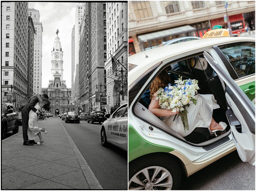 A groom dips a bride for a kiss on a median with Philadelphia City Hall in the background.