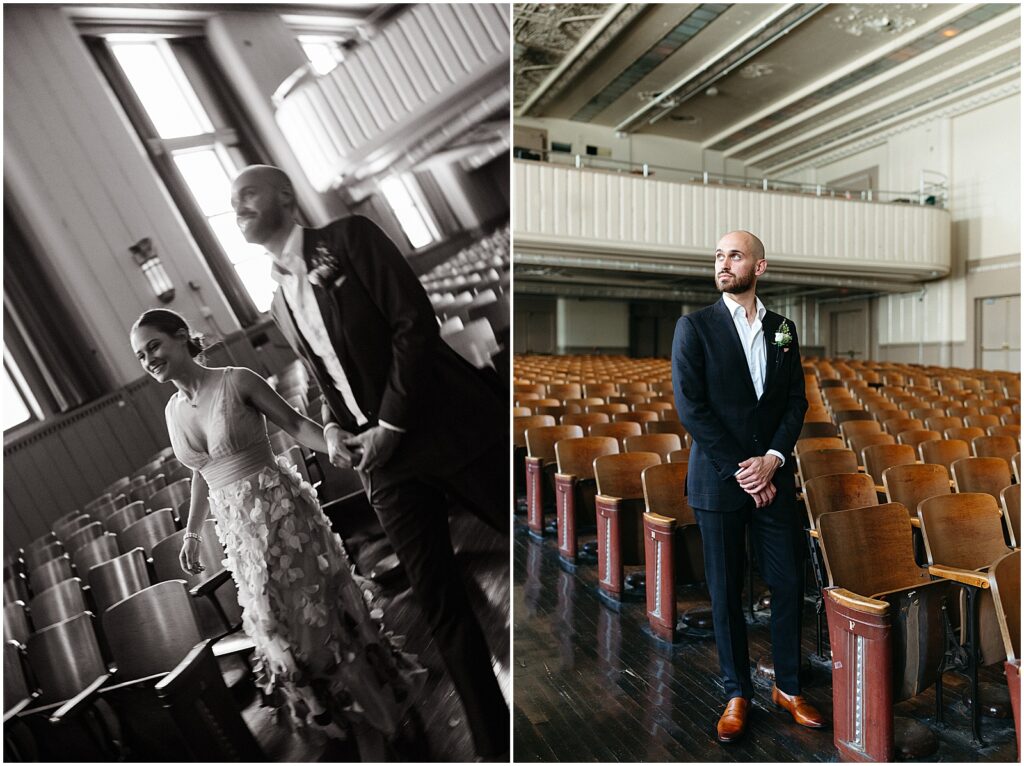 A bride and groom walk through the auditorium of the BOK Building between rows of chairs.