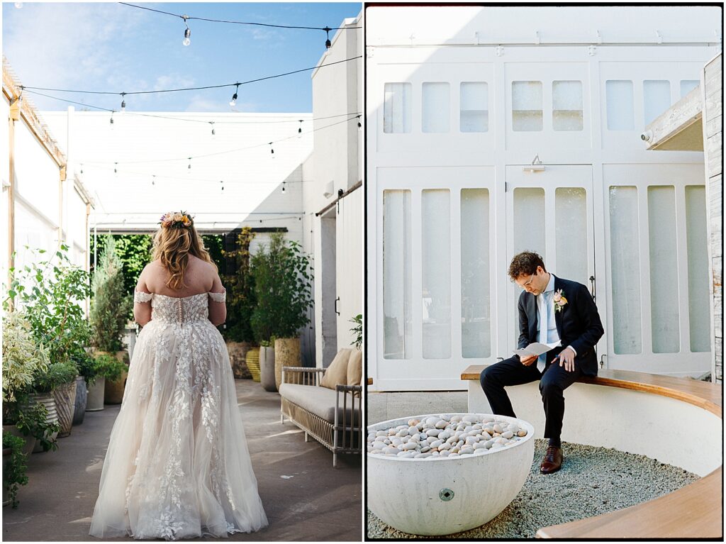A Philadelphia bride walks into a courtyard with white walls and strings of lights.